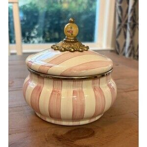 MACKENZIE CHILDS Bathing Hut Enamelware Pink and White Stripe Squash Pot FLAW